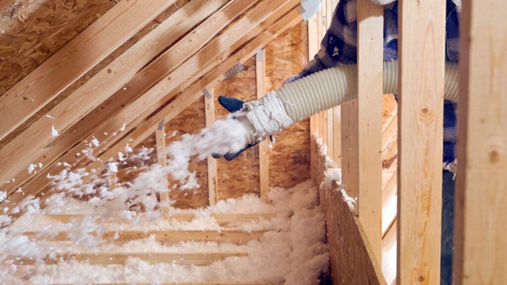 soufflage de ouate de cellulose sur plancher du grenier